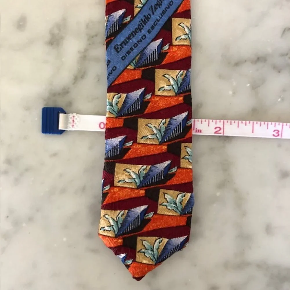 ERMENEGILDO ZEGNA Silk Leaf Geo Block Orange Blue Red Tie - Picture 14 of 15